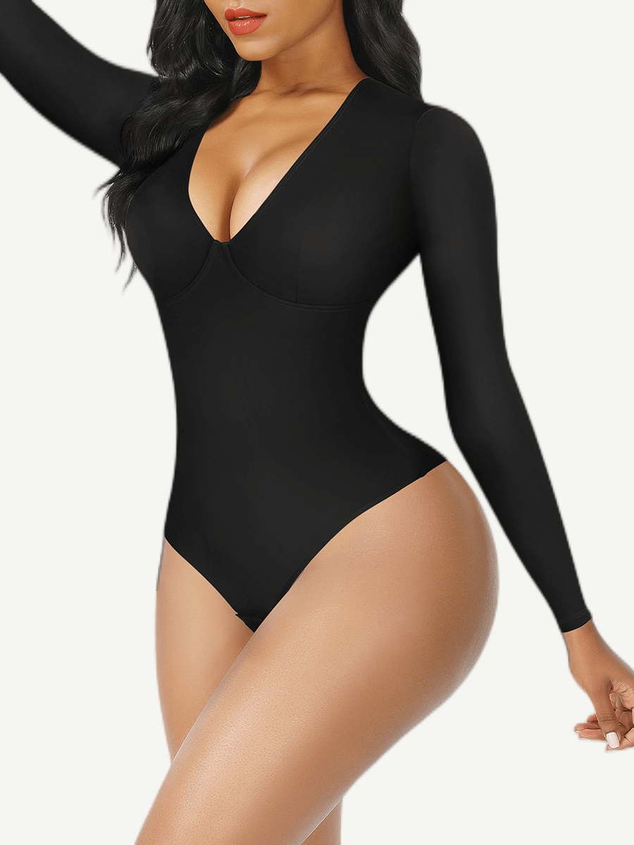V-Neck Long Sleeve Thong Bodysuit with Waist Control