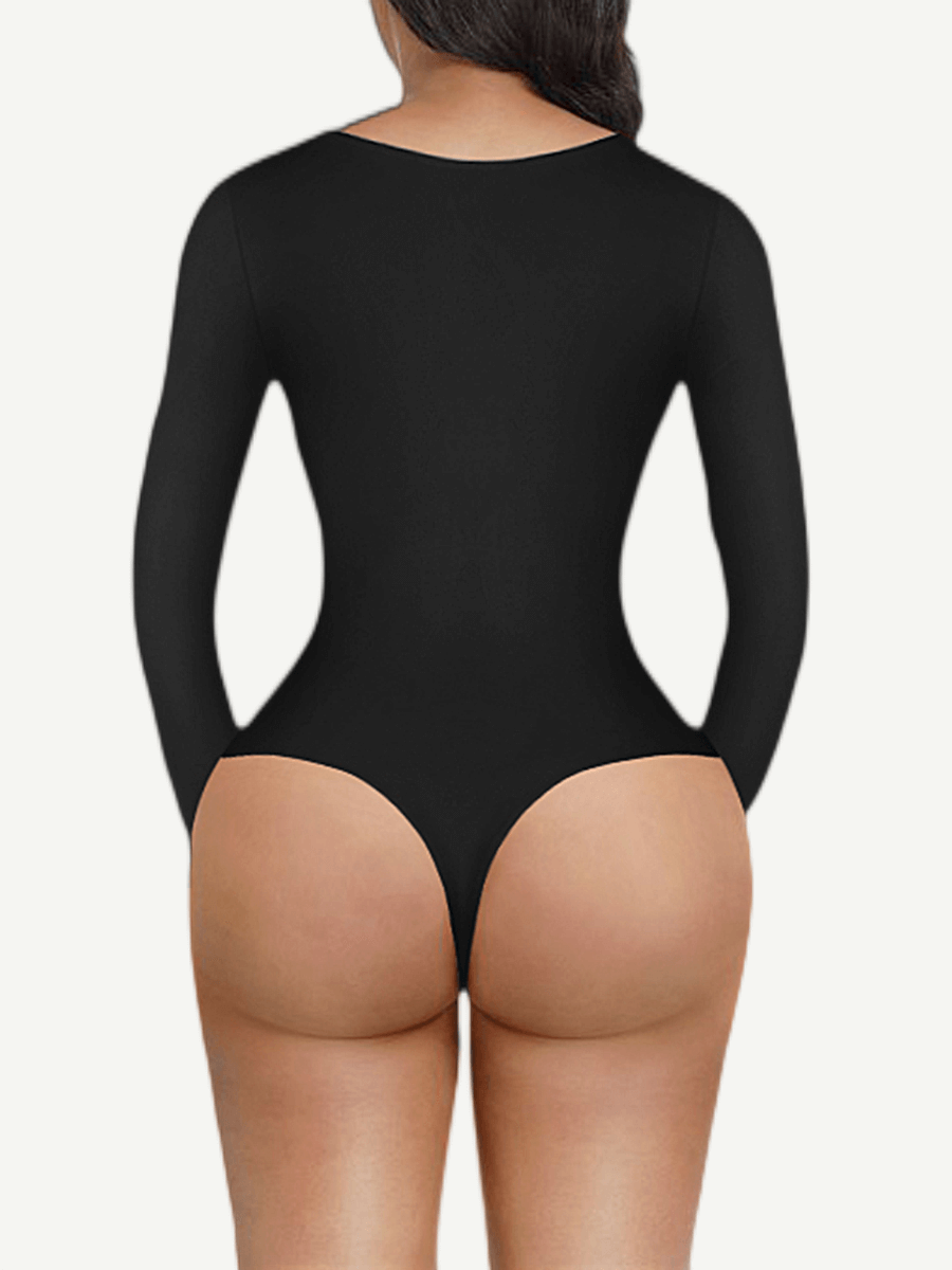V-Neck Long Sleeve Thong Bodysuit with Waist Control