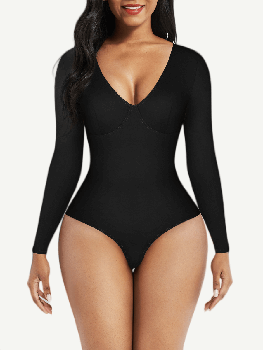 V-Neck Long Sleeve Thong Bodysuit with Waist Control