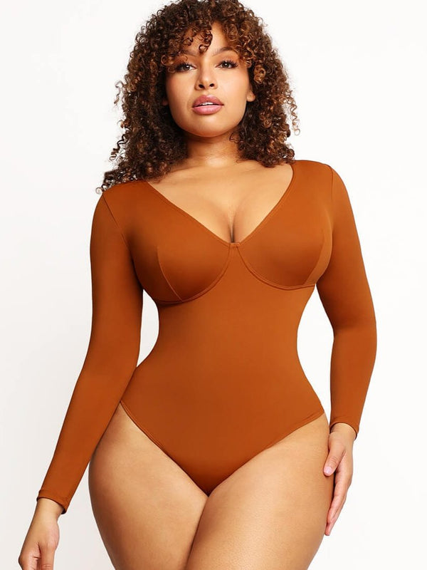 V-Neck Long Sleeve Thong Bodysuit with Waist Control