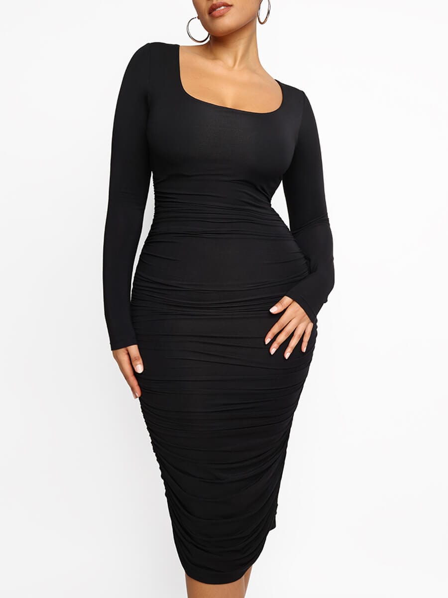 Elegant Square-Neck Shaping Dress with Built-in Shapewear