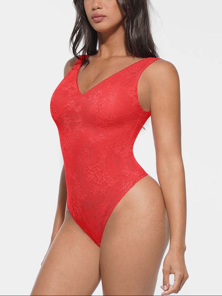Seamless Lace Deep V Shaping Thong Bodysuit