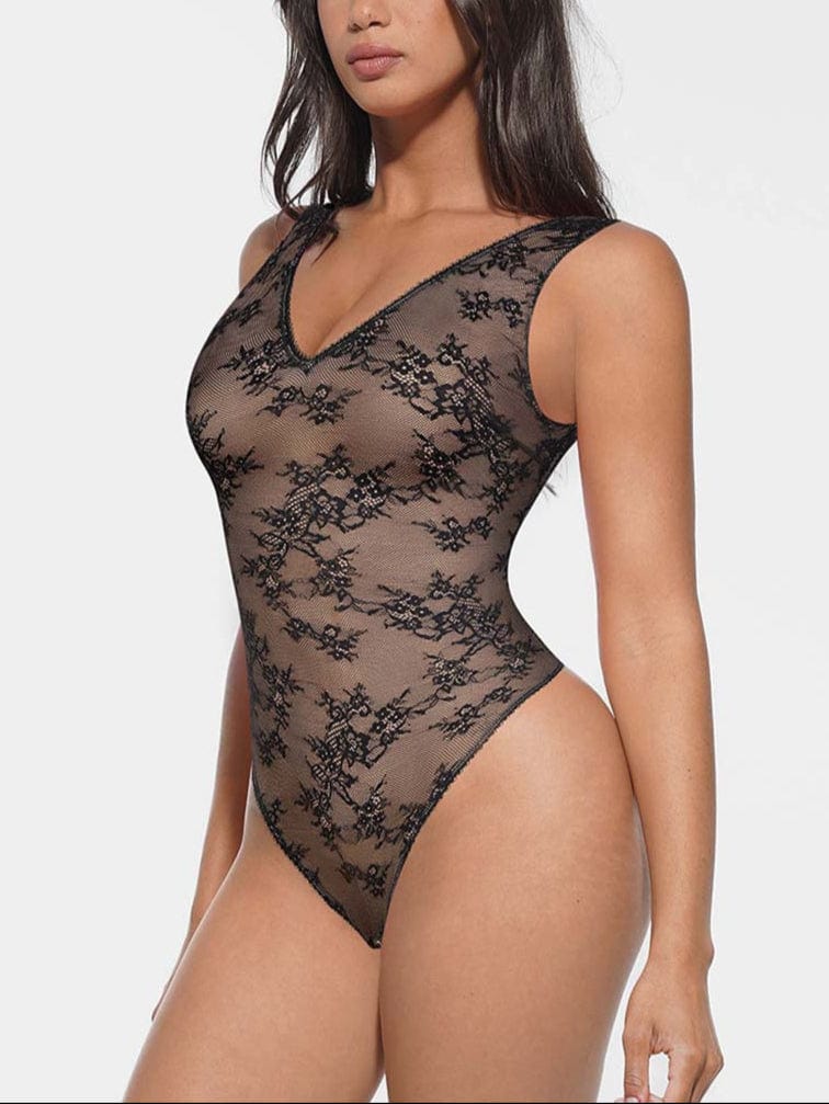 Seamless Lace Deep V Shaping Thong Bodysuit
