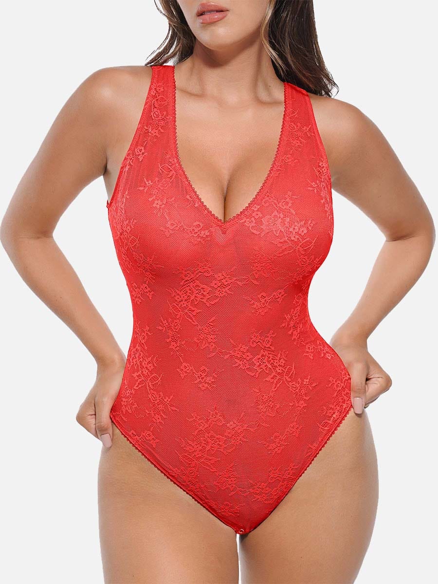Seamless Lace Deep V Shaping Thong Bodysuit