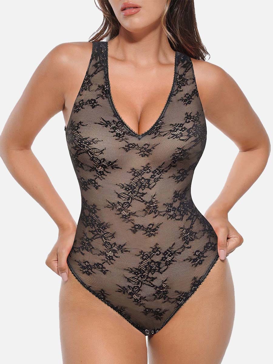 Seamless Lace Deep V Shaping Thong Bodysuit