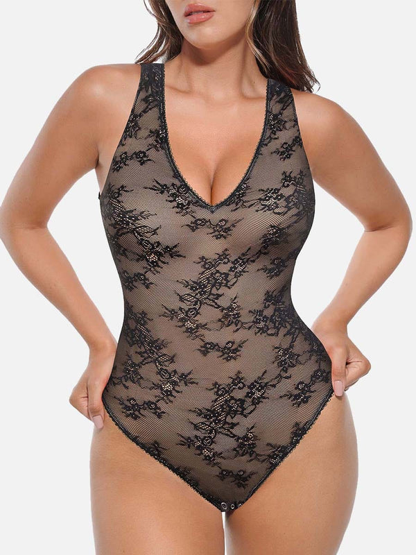 Seamless Lace Deep V Shaping Thong Bodysuit