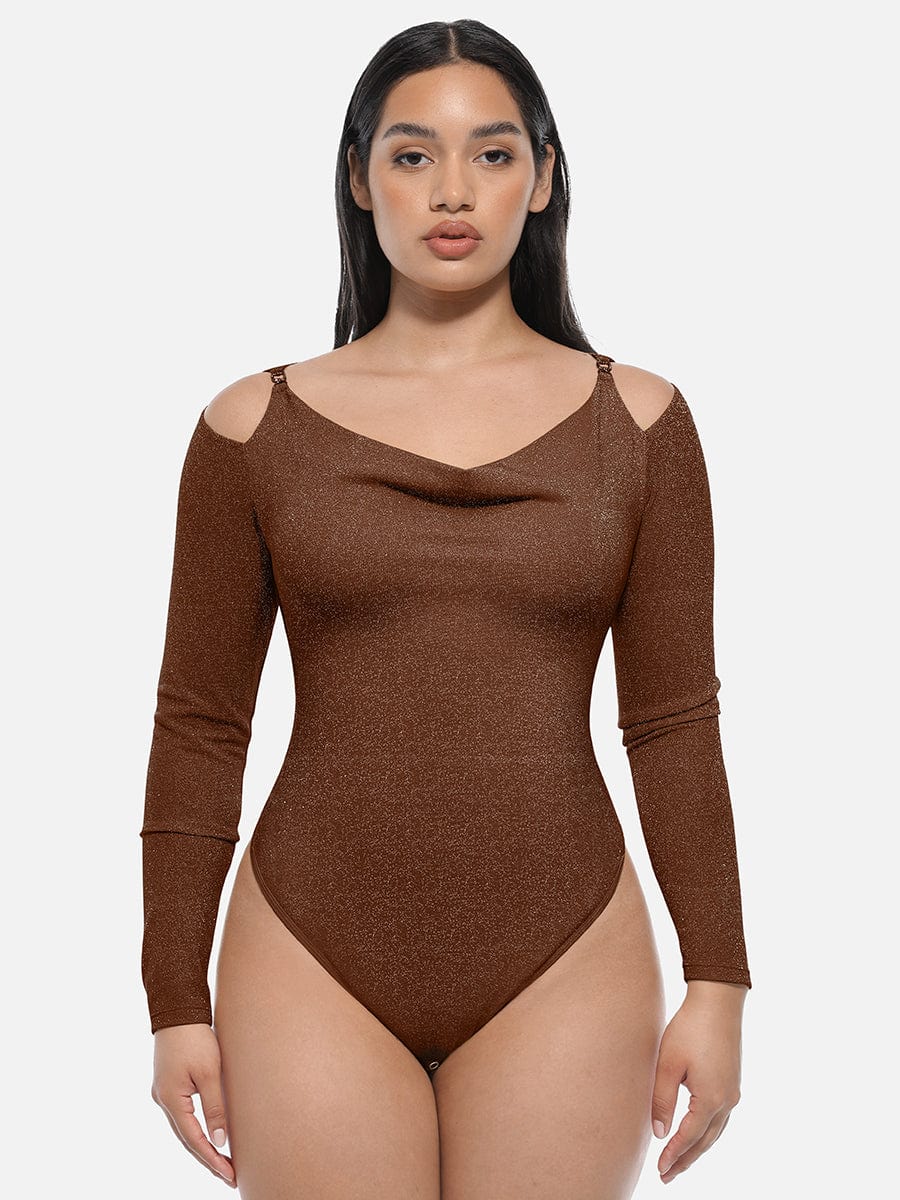 Elegant Shimmer Draped Neck Shapewear Bodysuit with Built-In Bra & Thong