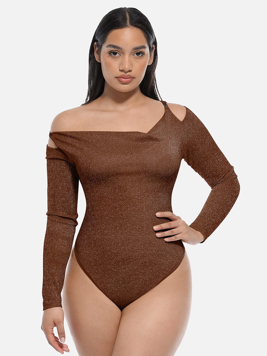 Elegant Shimmer Draped Neck Shapewear Bodysuit with Built-In Bra & Thong