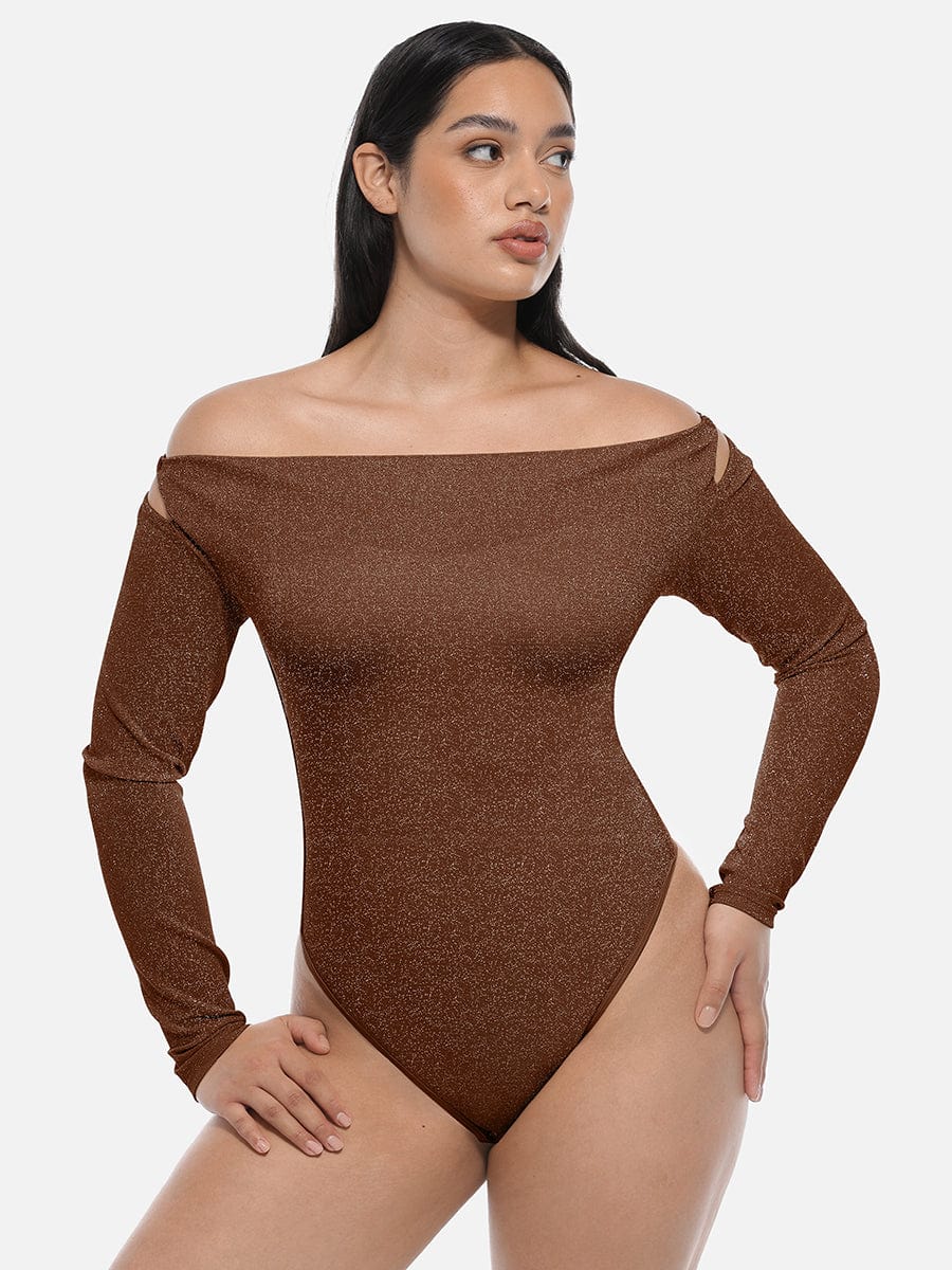 Elegant Shimmer Draped Neck Shapewear Bodysuit with Built-In Bra & Thong
