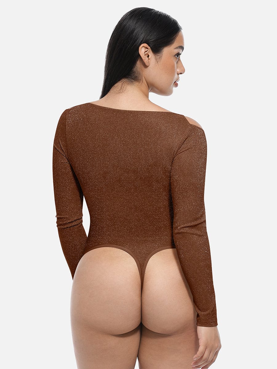 Elegant Shimmer Draped Neck Shapewear Bodysuit with Built-In Bra & Thong