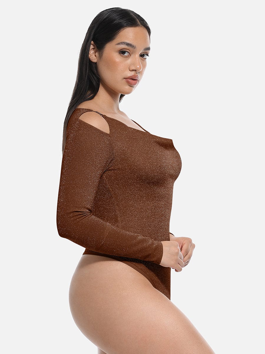 Elegant Shimmer Draped Neck Shapewear Bodysuit with Built-In Bra & Thong
