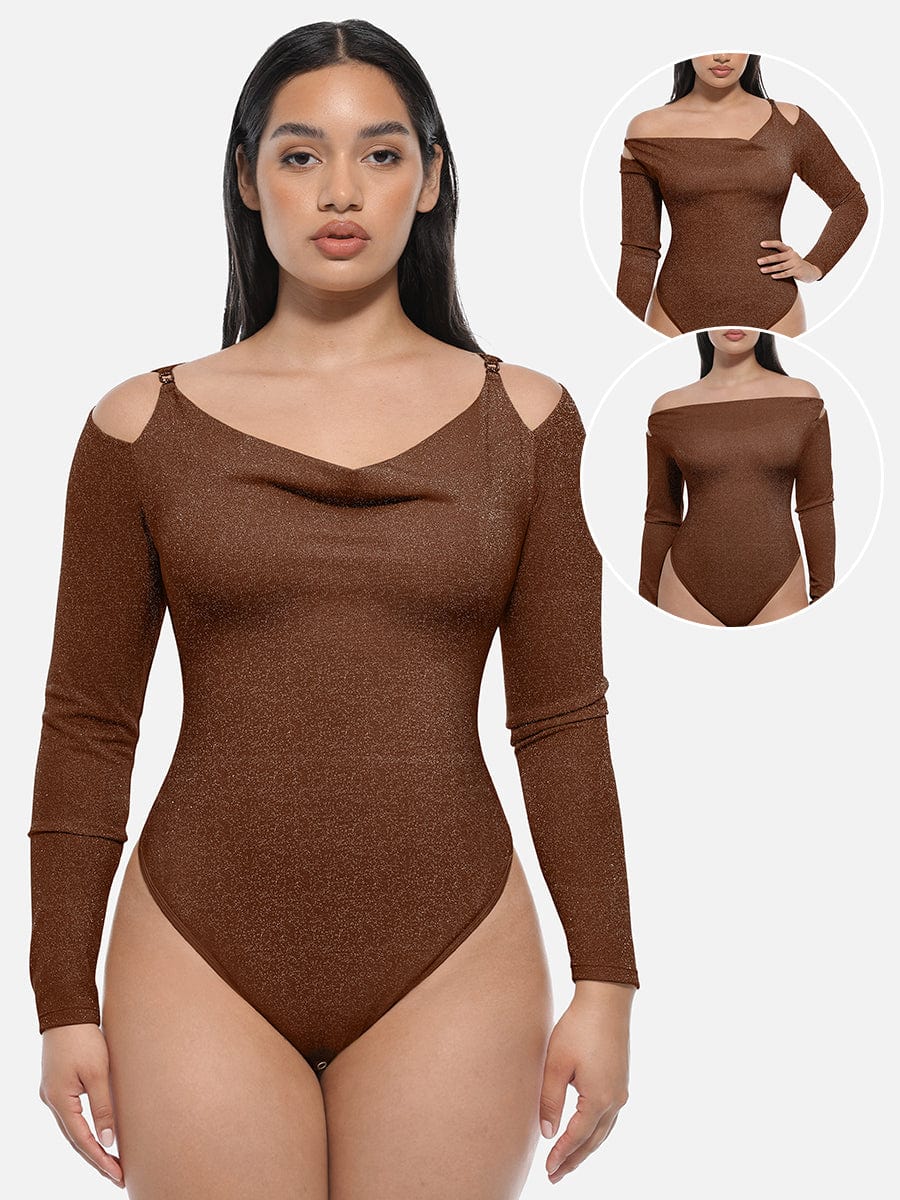 Elegant Shimmer Draped Neck Shapewear Bodysuit with Built-In Bra & Thong
