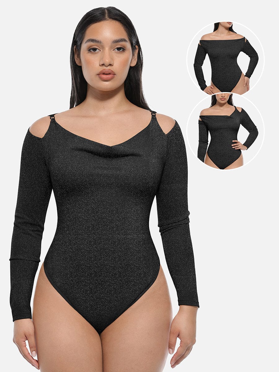 Elegant Shimmer Draped Neck Shapewear Bodysuit with Built-In Bra & Thong