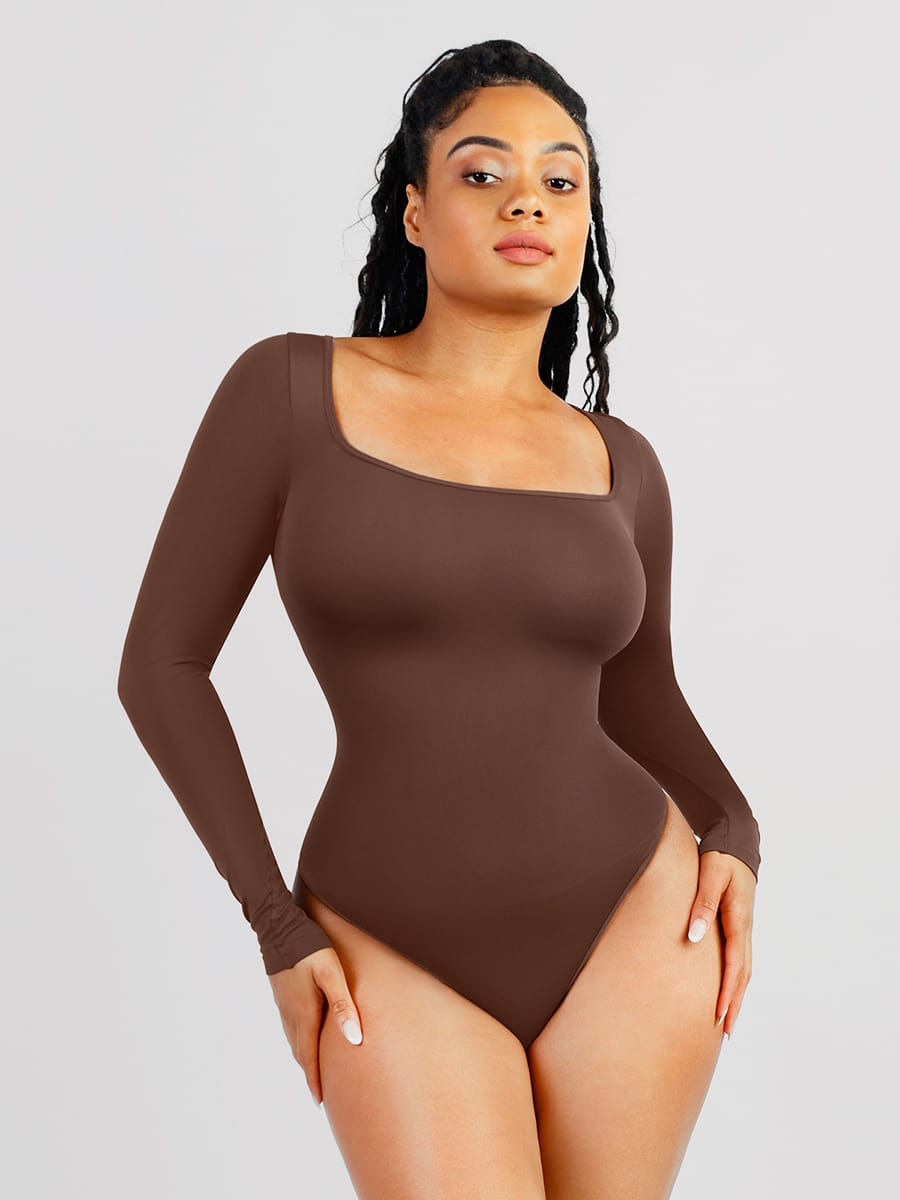 Eco-Friendly Square Neck Long Sleeve Bodysuit with 360° Waist Control