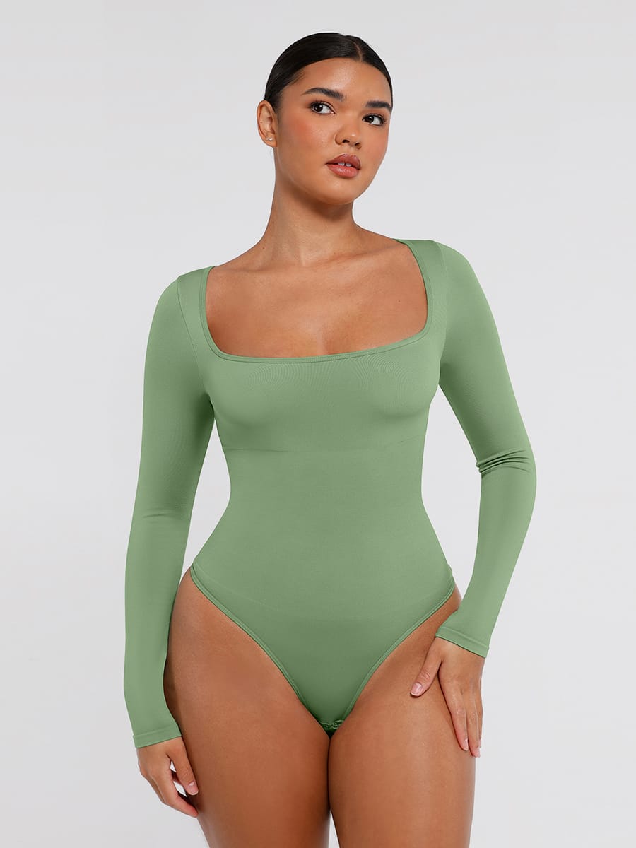 Eco-Friendly Square Neck Long Sleeve Bodysuit with 360° Waist Control