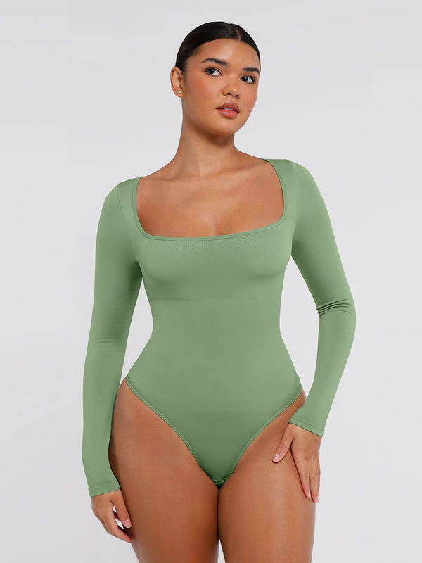 Eco-Friendly Square Neck Long Sleeve Bodysuit with 360° Waist Control
