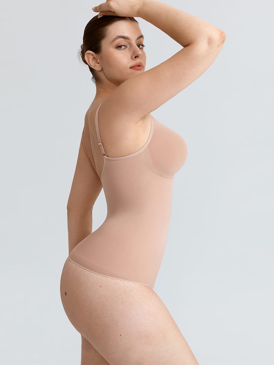 Seamless V-Neck Tummy Control Bodysuit with Ruched Bust