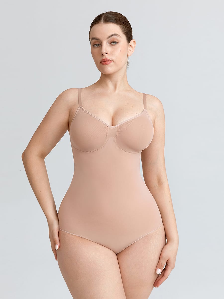Seamless V-Neck Tummy Control Bodysuit with Ruched Bust
