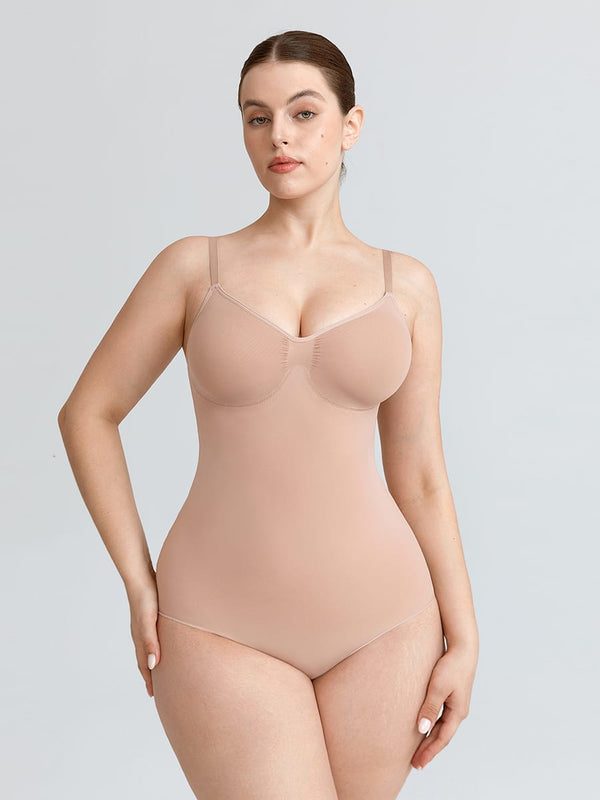 Seamless V-Neck Tummy Control Bodysuit with Ruched Bust