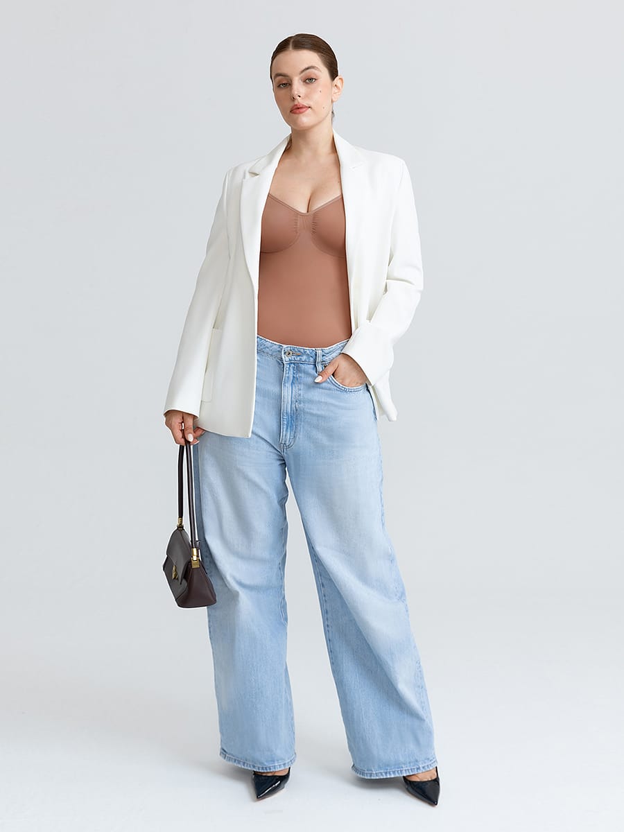Seamless V-Neck Tummy Control Bodysuit with Ruched Bust