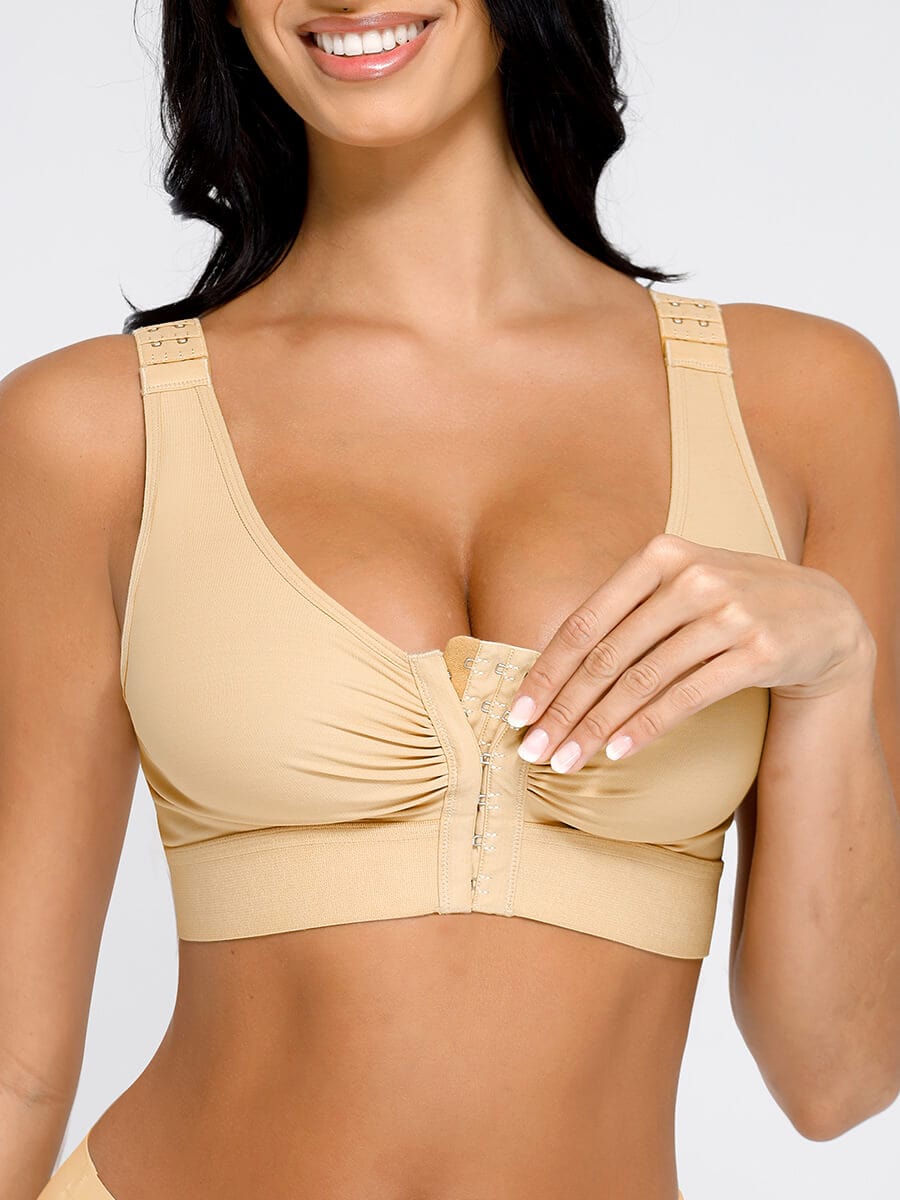 Adjustable Post-Surgery Bra with Front Closure and Triple Hooks