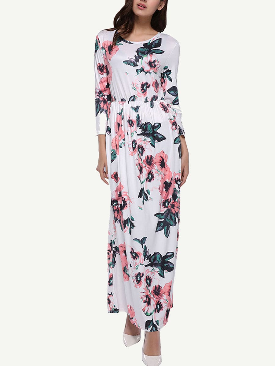 Elegant Long Sleeve Floral Maxi Dress with Round Neck