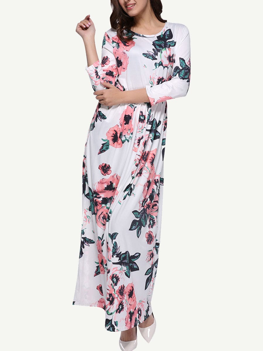 Elegant Long Sleeve Floral Maxi Dress with Round Neck