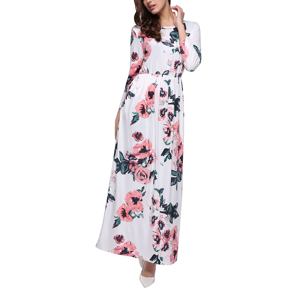 Elegant Long Sleeve Floral Maxi Dress with Round Neck