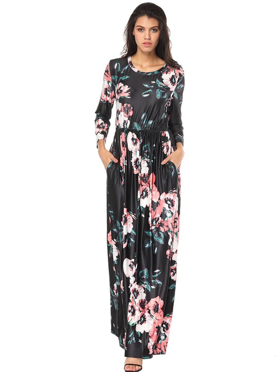 Elegant Long Sleeve Floral Maxi Dress with Round Neck