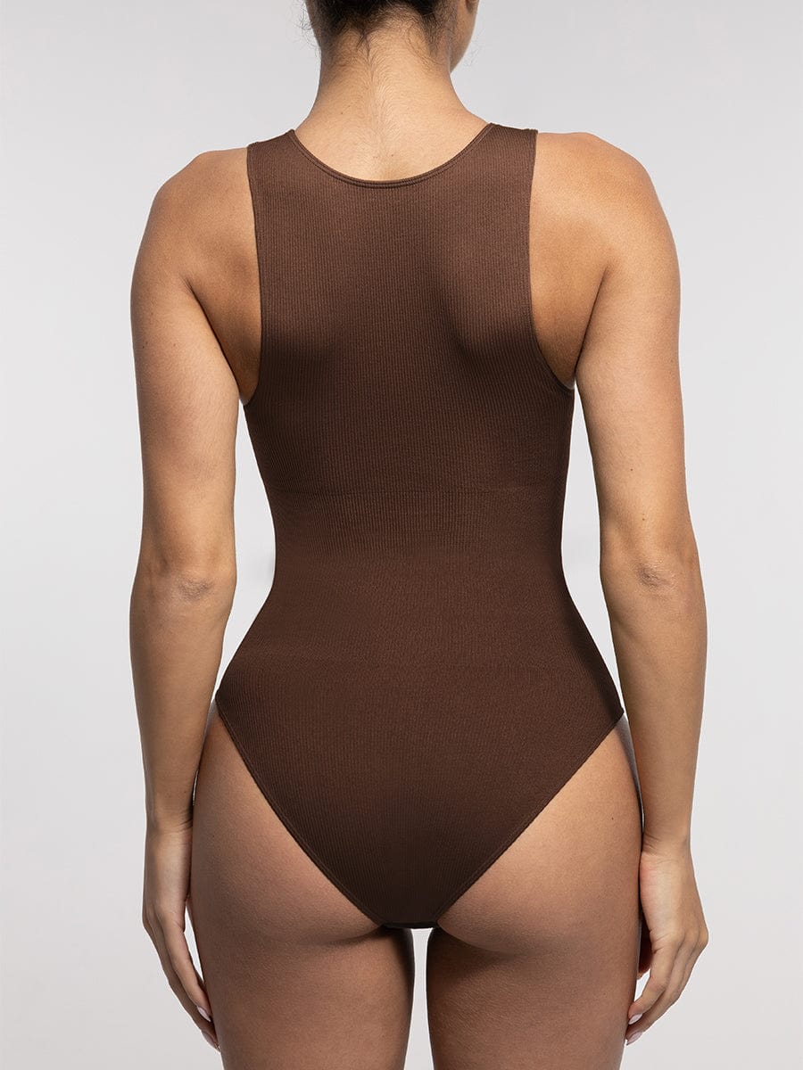 Seamless Ribbed Zip-Front Sleeveless Shapewear Bodysuit