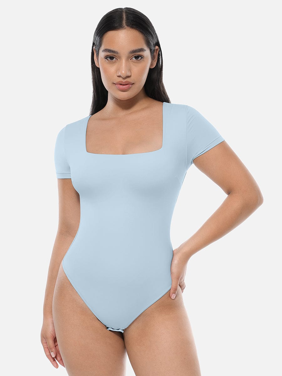 Sleek Square-Neck Short-Sleeve Tummy Control Bodysuit