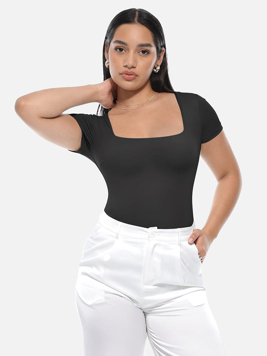 Sleek Square-Neck Short-Sleeve Tummy Control Bodysuit
