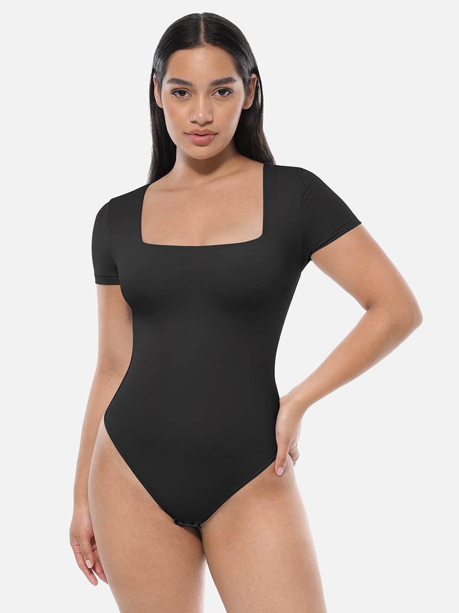 Sleek Square-Neck Short-Sleeve Tummy Control Bodysuit