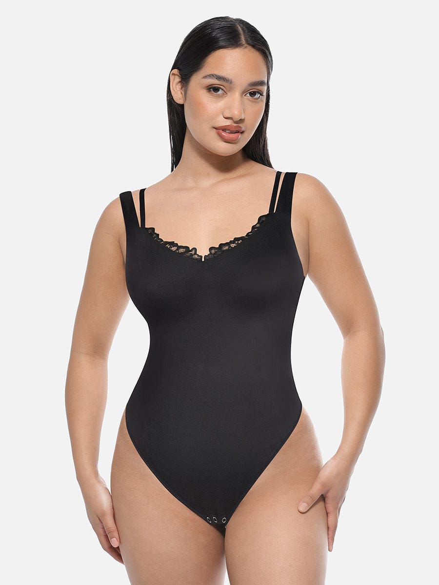 Elegant Lace V-Neck T-Back Shaping Bodysuit Thong