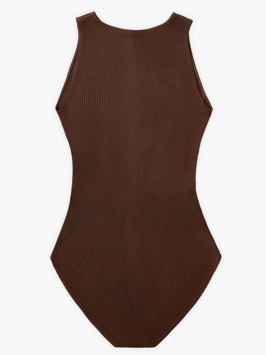 Seamless Ribbed Zip-Front Sleeveless Shapewear Bodysuit