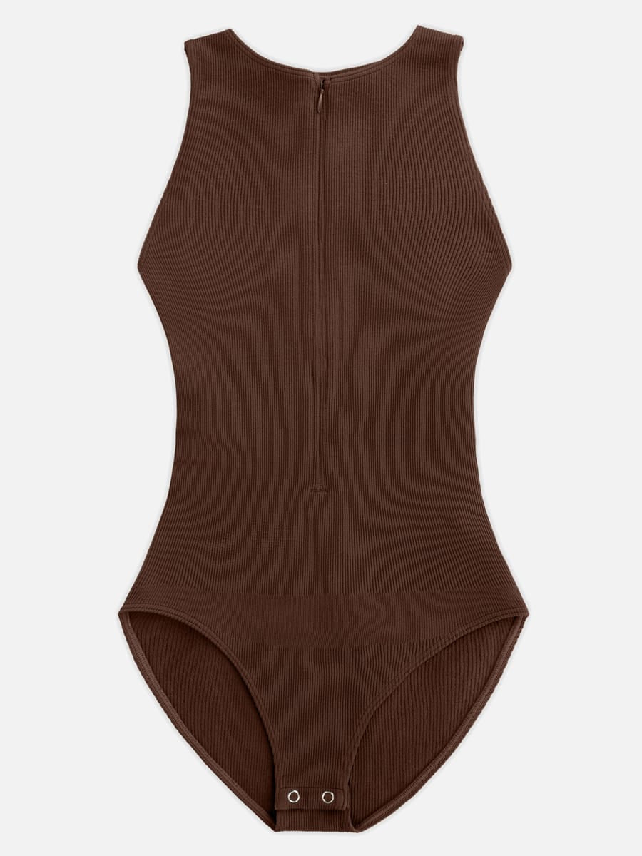 Seamless Ribbed Zip-Front Sleeveless Shapewear Bodysuit