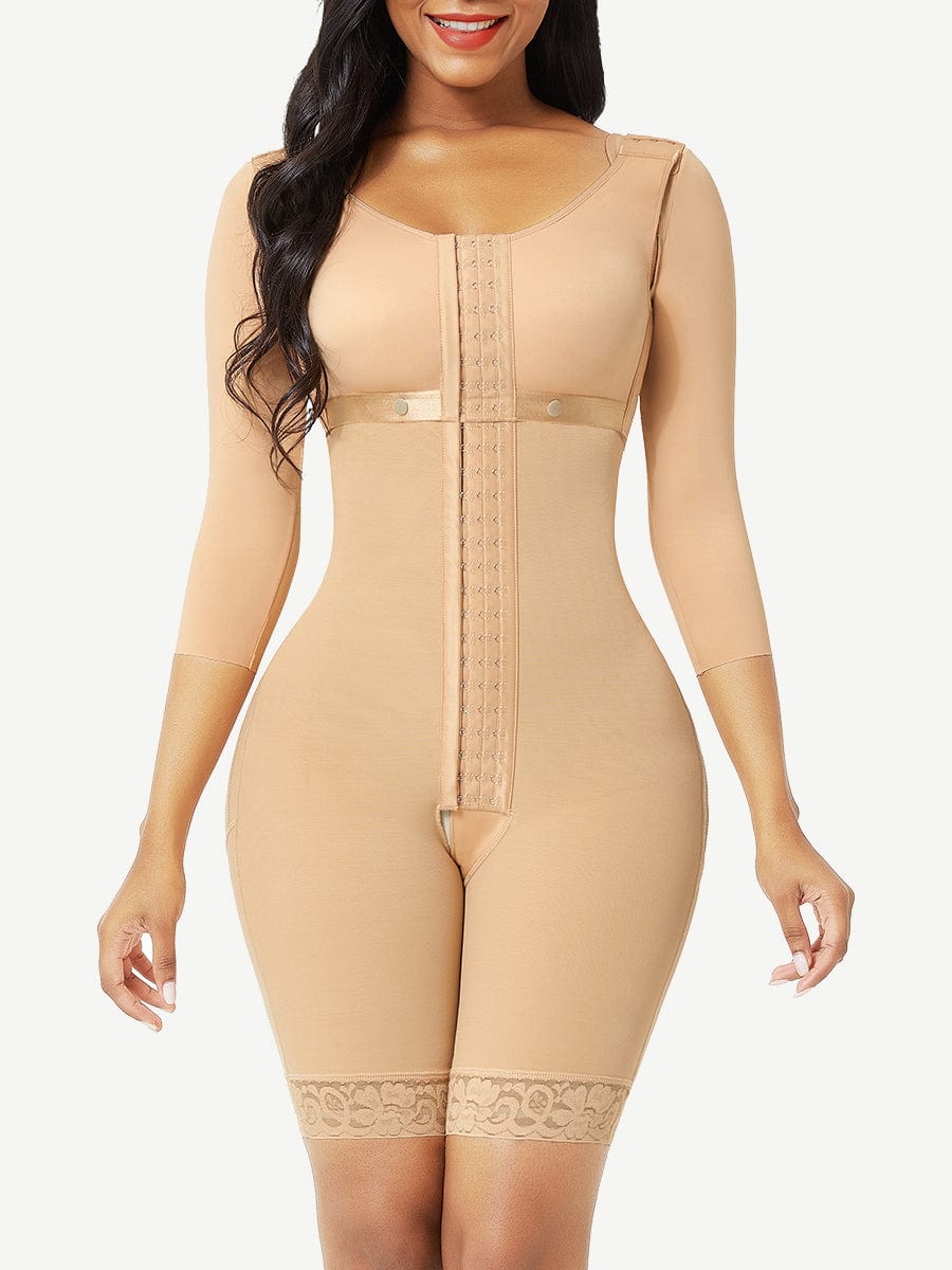 Lace Trim Hourglass Post-Surgical Body Shaper with Sleek Sleeves