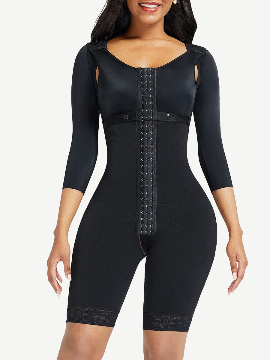 Lace Trim Hourglass Post-Surgical Body Shaper with Sleek Sleeves