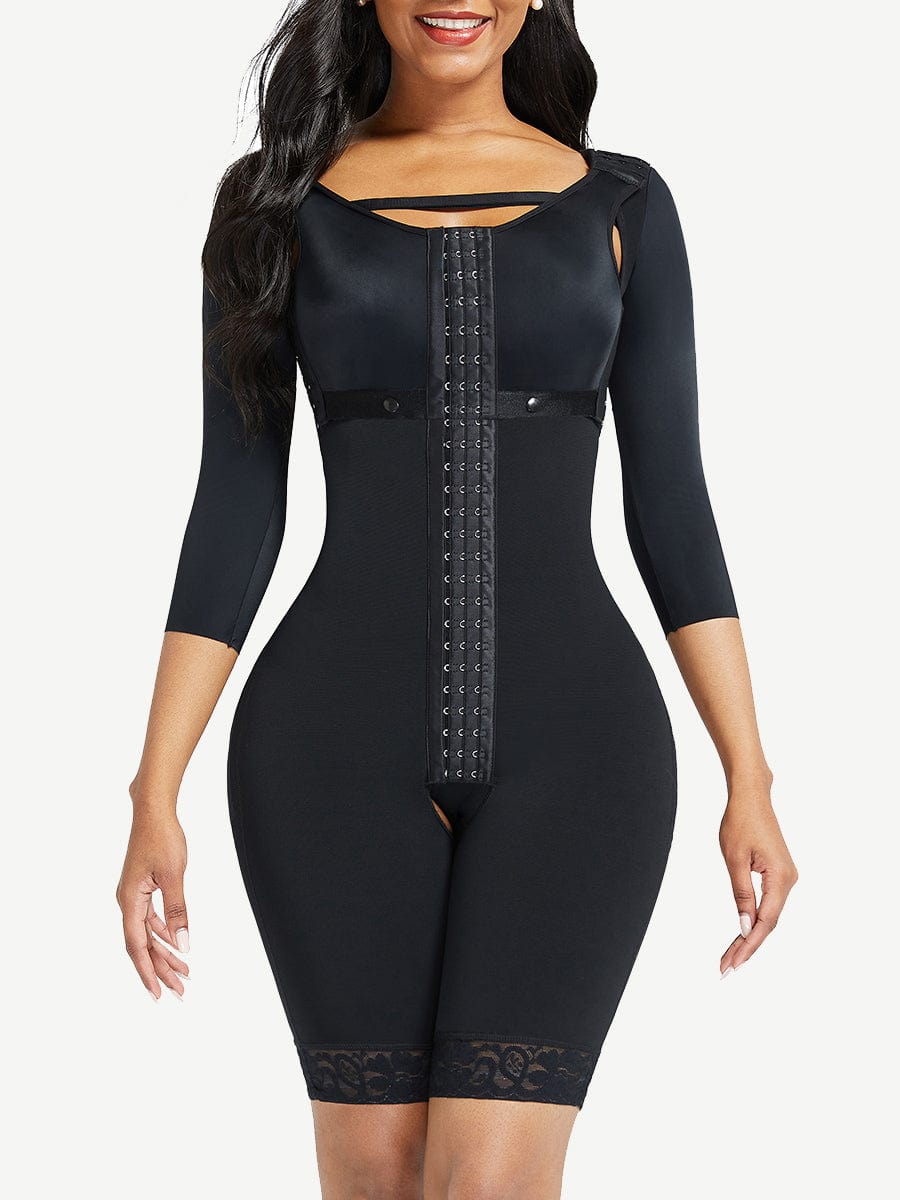 Lace Trim Hourglass Post-Surgical Body Shaper with Sleek Sleeves