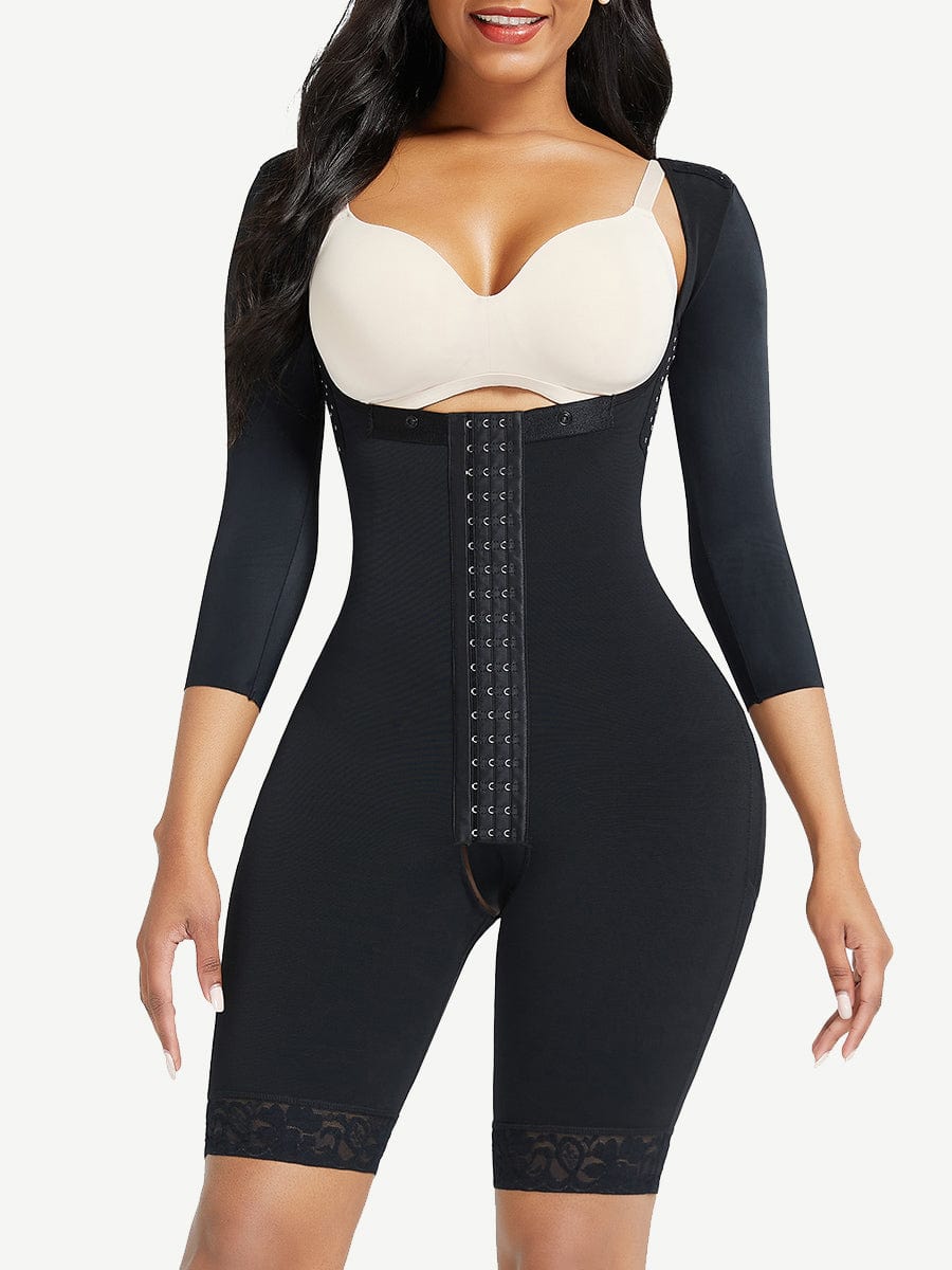 Lace Trim Hourglass Post-Surgical Body Shaper with Sleek Sleeves