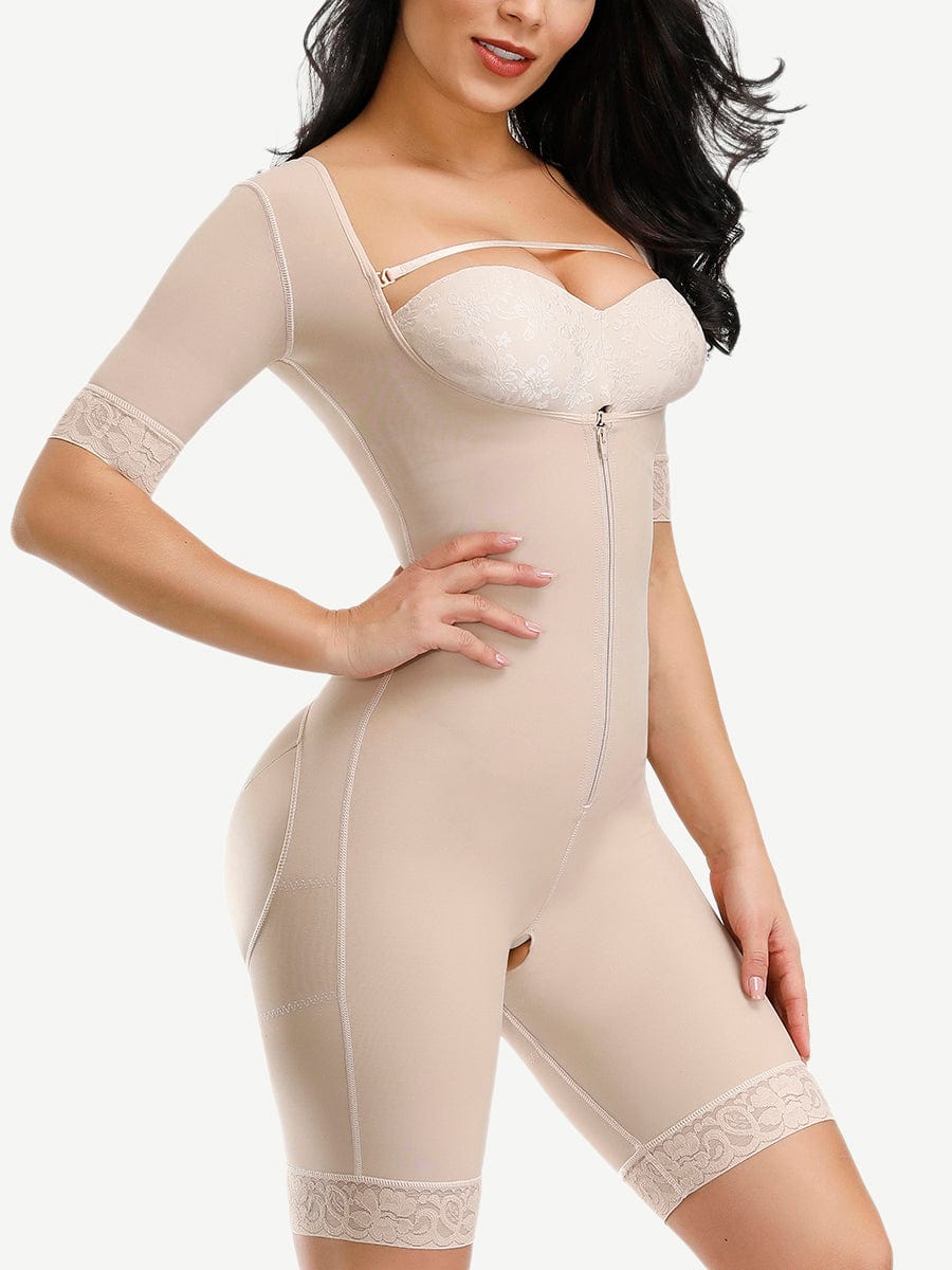 Elegant Natural Tone Lace Full Body Shaper with Zipper & Open Crotch