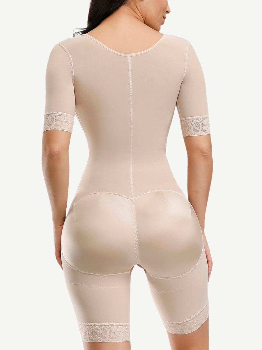 Elegant Natural Tone Lace Full Body Shaper with Zipper & Open Crotch
