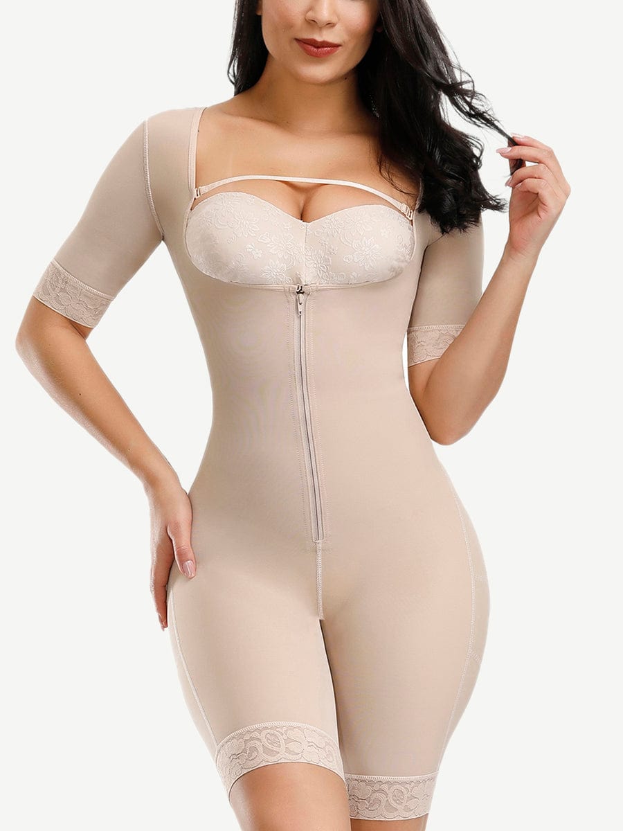 Elegant Natural Tone Lace Full Body Shaper with Zipper & Open Crotch