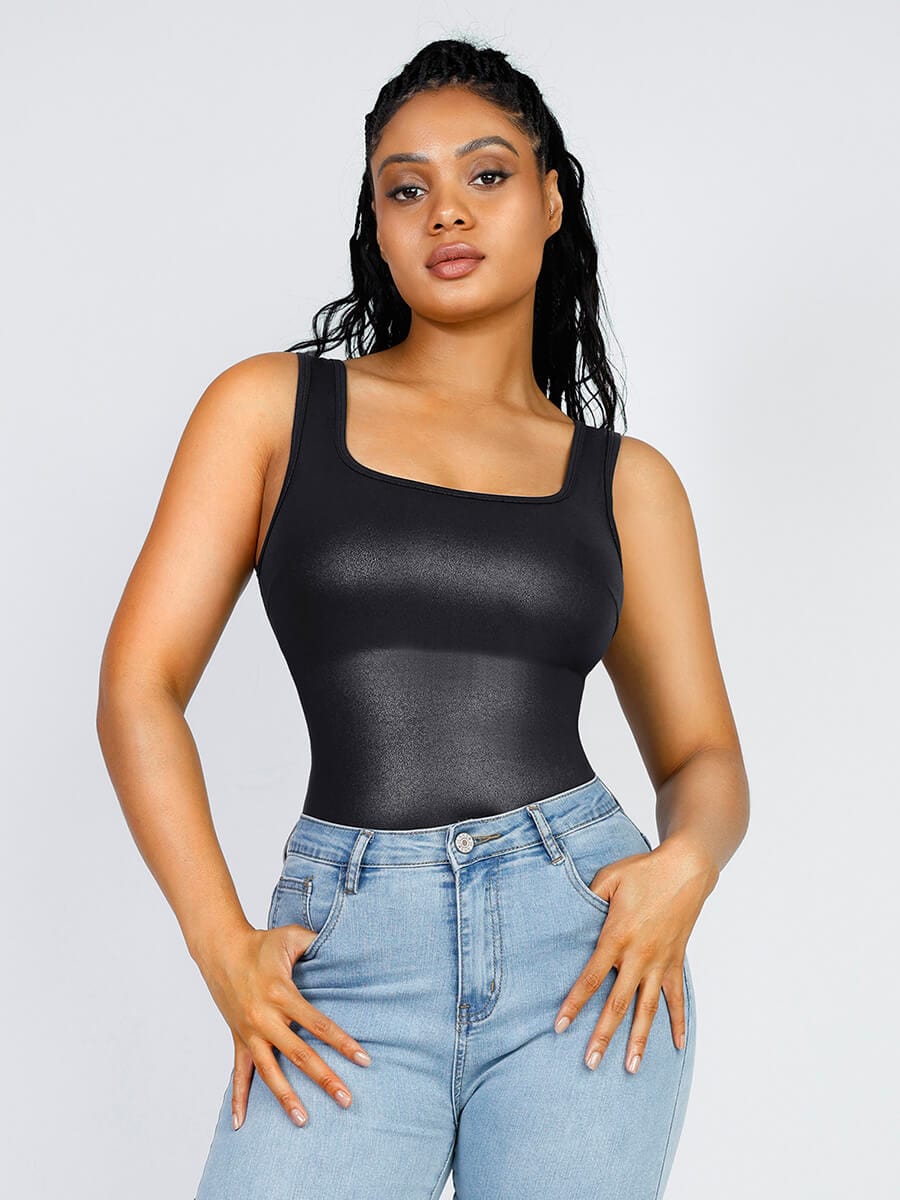 Sculpting Faux Leather Bodysuit with Square Neckline