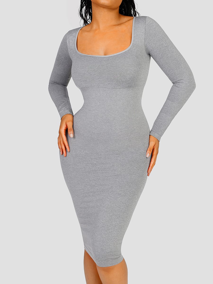 Eco-friendly Seamless Shaping Dress with Square Neck Long Sleeves