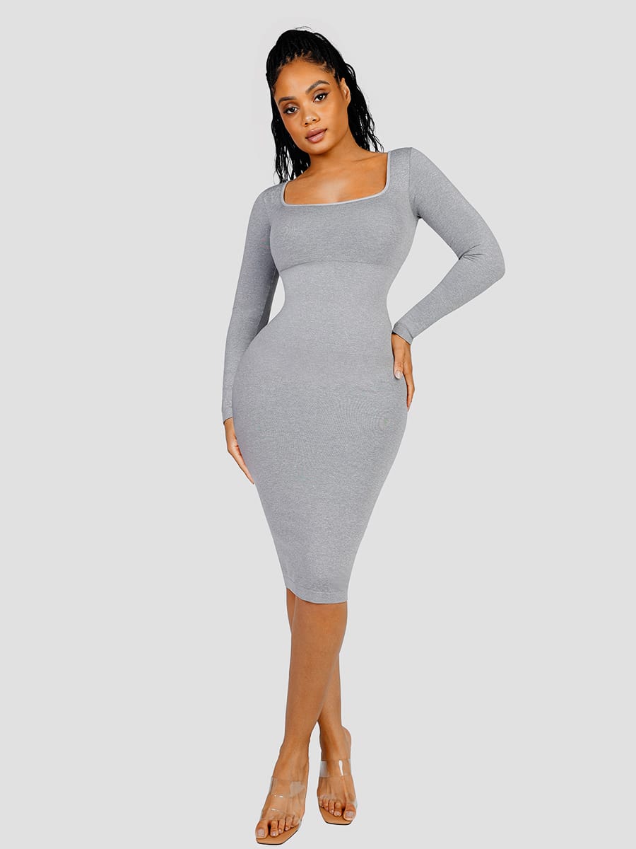 Eco-friendly Seamless Shaping Dress with Square Neck Long Sleeves