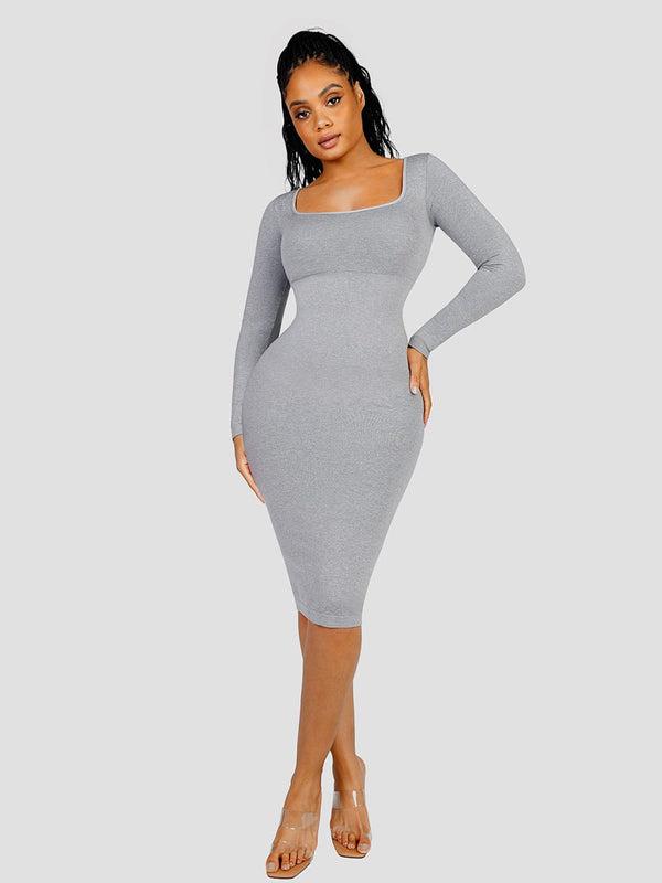 Eco-friendly Seamless Shaping Dress with Square Neck Long Sleeves