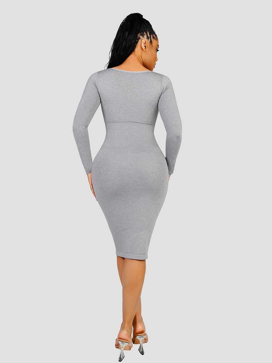 Eco-friendly Seamless Shaping Dress with Square Neck Long Sleeves