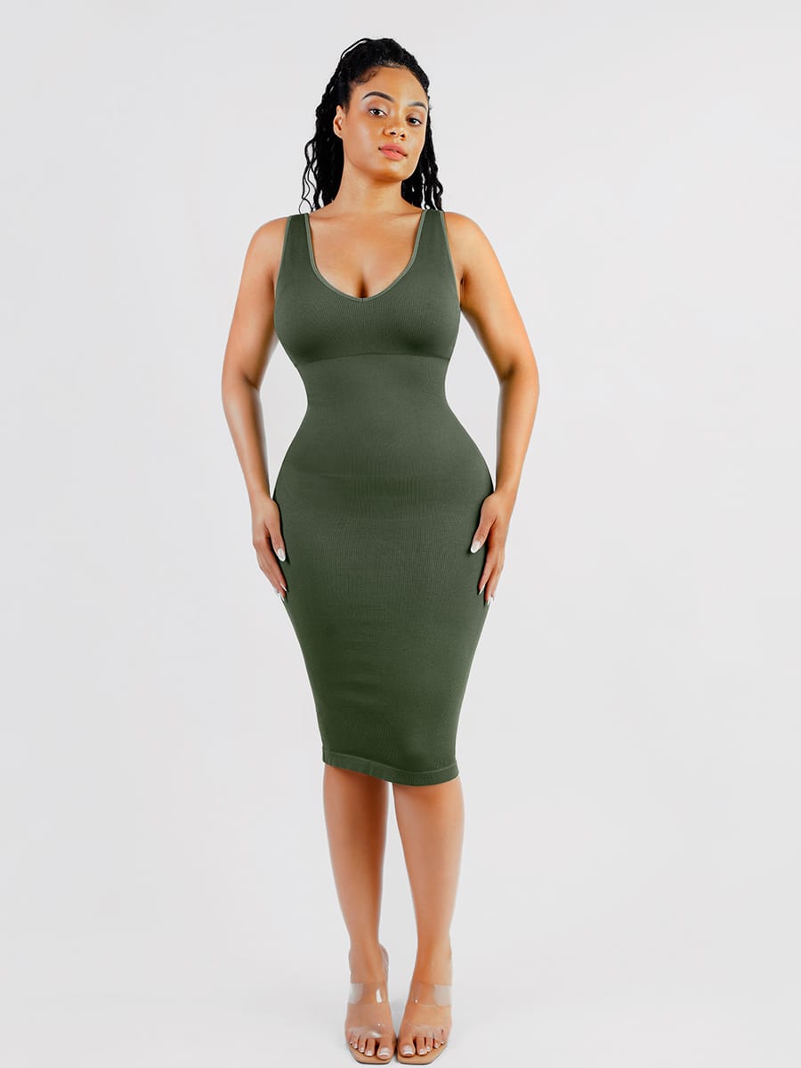 Eco-Friendly Seamless V-Neck Shaping Dress with Removable Pads