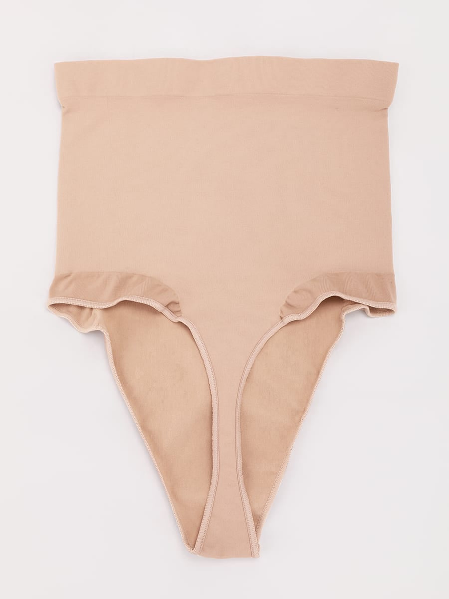 High-Waist Seamless Tummy Control Thong Shapewear with Anti-Roll Silicone